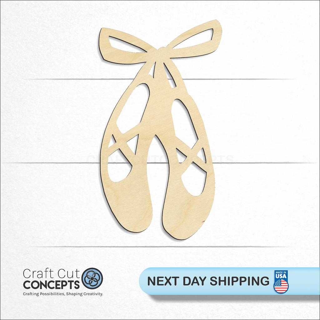 Craft Cut Concepts logo and next day shipping banner with an unfinished wood Ballet Slippers craft shape and blank