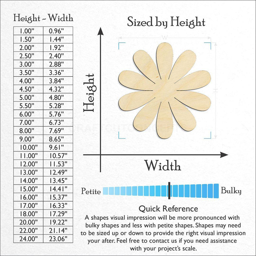 Sizes available for a laser cut Daisy craft blank