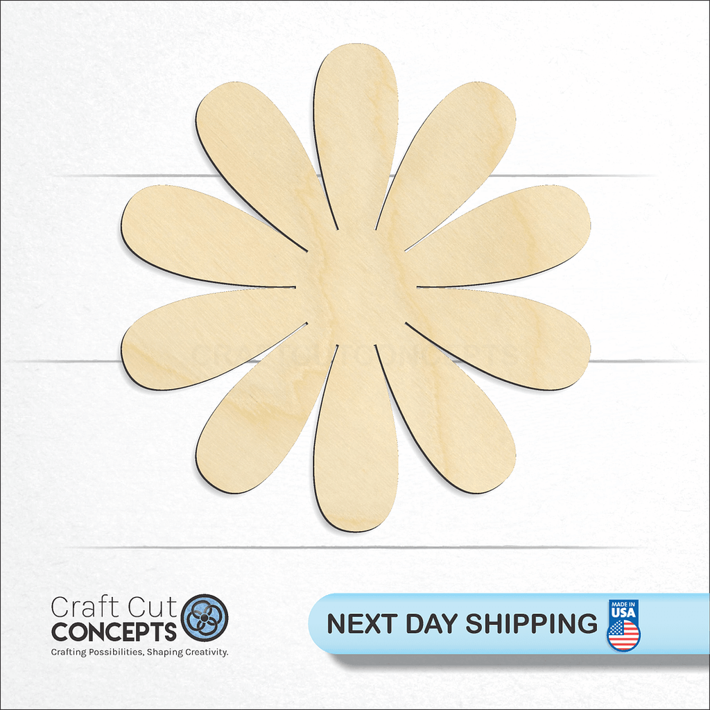 Craft Cut Concepts logo and next day shipping banner with an unfinished wood Daisy craft shape and blank