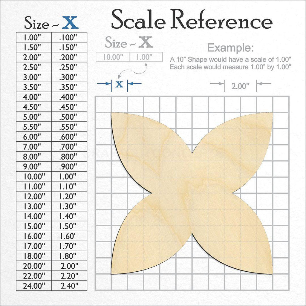 A scale and graph image showing a wood Flower Pedal craft blank