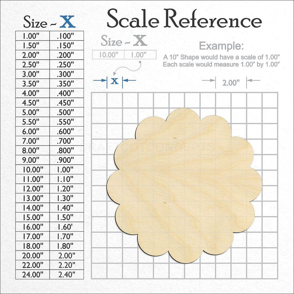 A scale and graph image showing a wood Flower craft blank