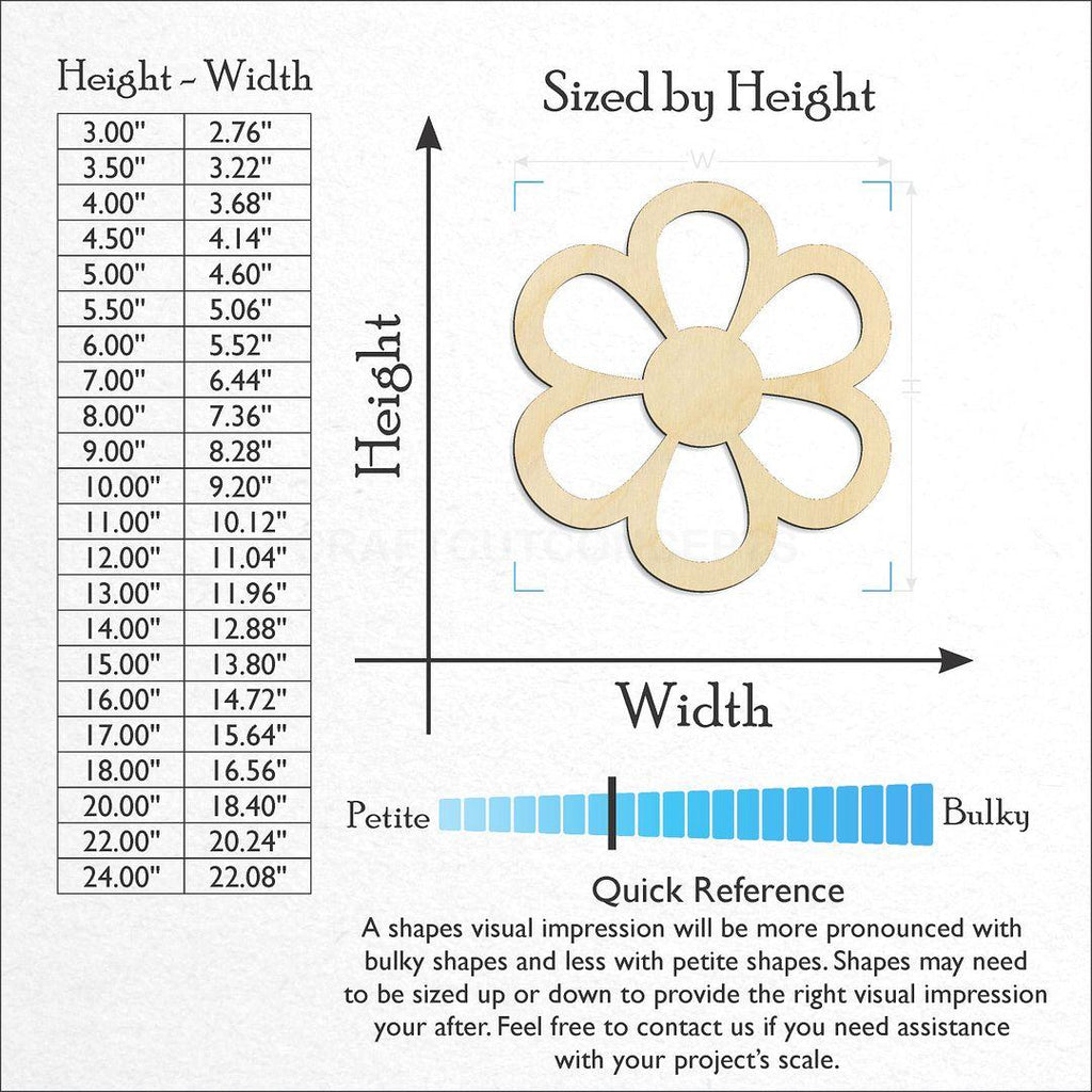 Sizes available for a laser cut Daisy Flower craft blank