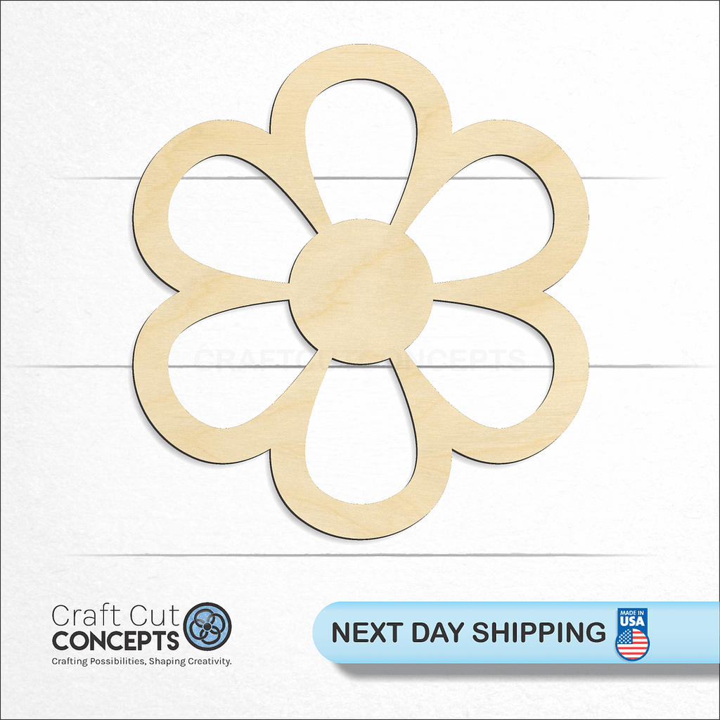 Craft Cut Concepts logo and next day shipping banner with an unfinished wood Daisy Flower craft shape and blank