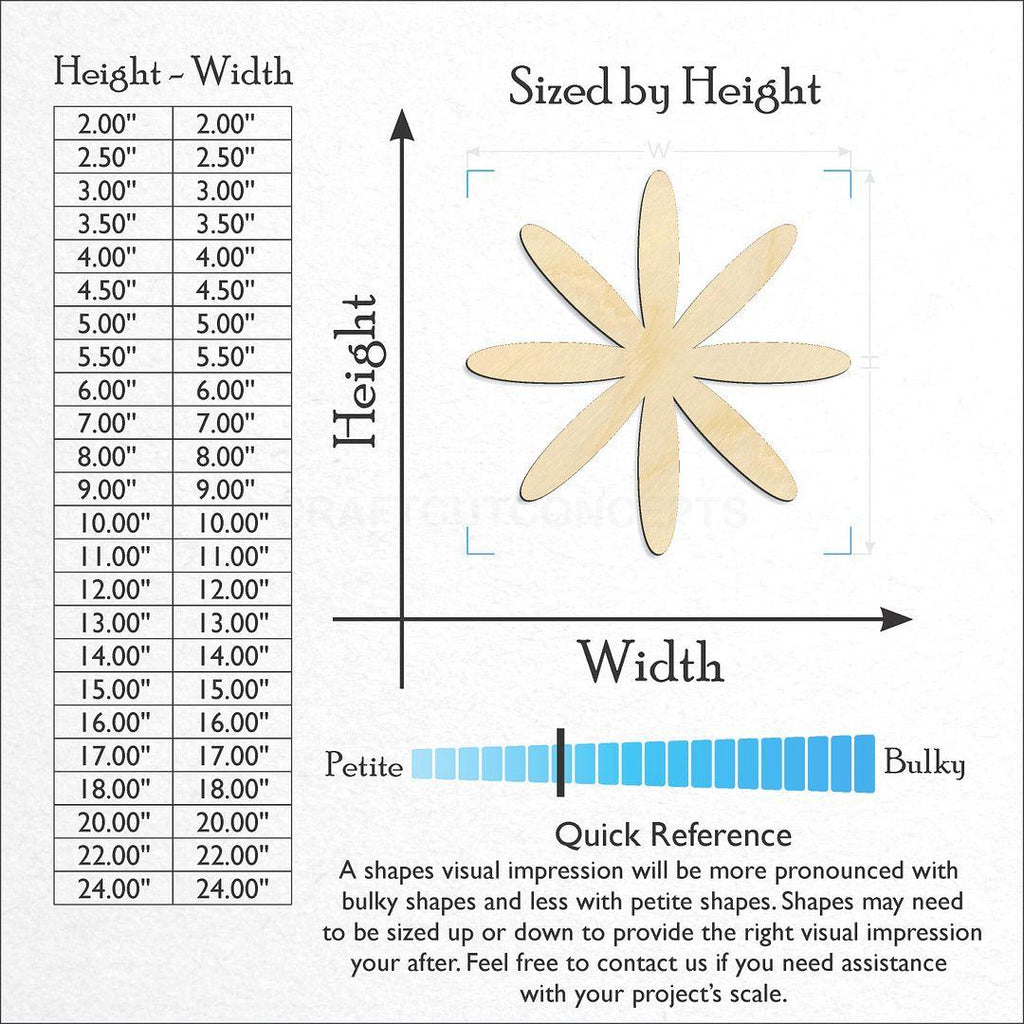 Sizes available for a laser cut Flower craft blank