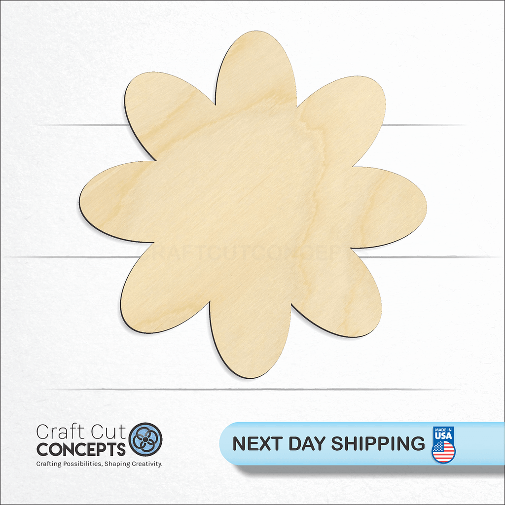 Craft Cut Concepts logo and next day shipping banner with an unfinished wood Daisy Pedal craft shape and blank