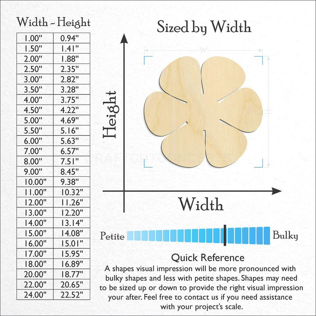 Sizes available for a laser cut Flower Pedal craft blank