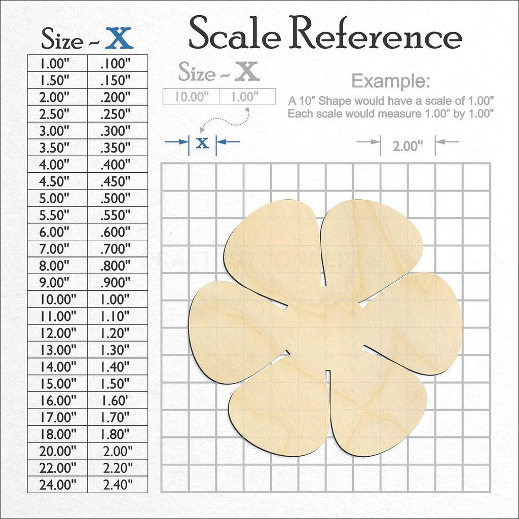 A scale and graph image showing a wood Flower Pedal craft blank