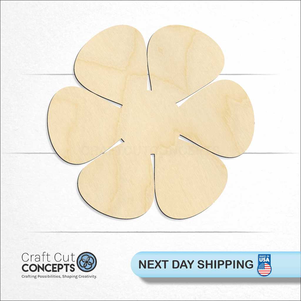Craft Cut Concepts logo and next day shipping banner with an unfinished wood Flower Pedal craft shape and blank