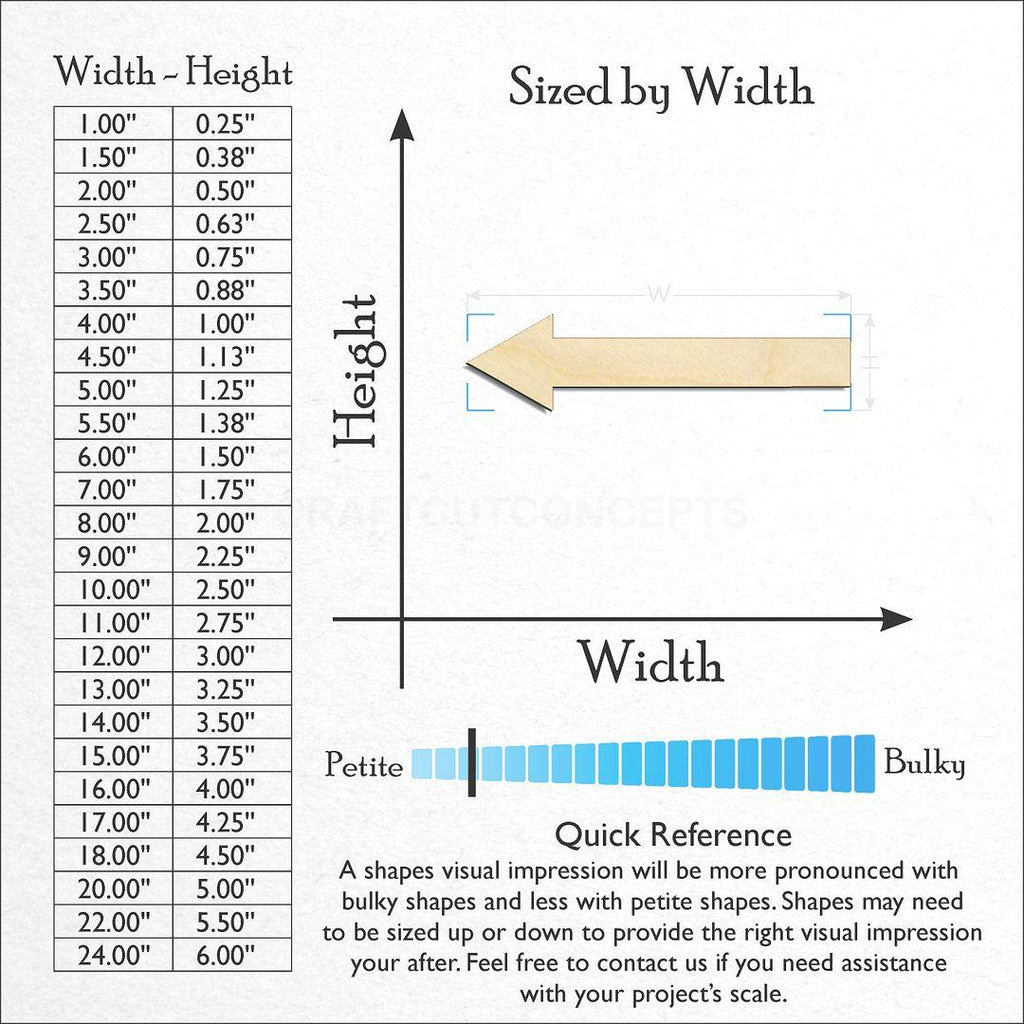 Sizes available for a laser cut Long Arrow craft blank