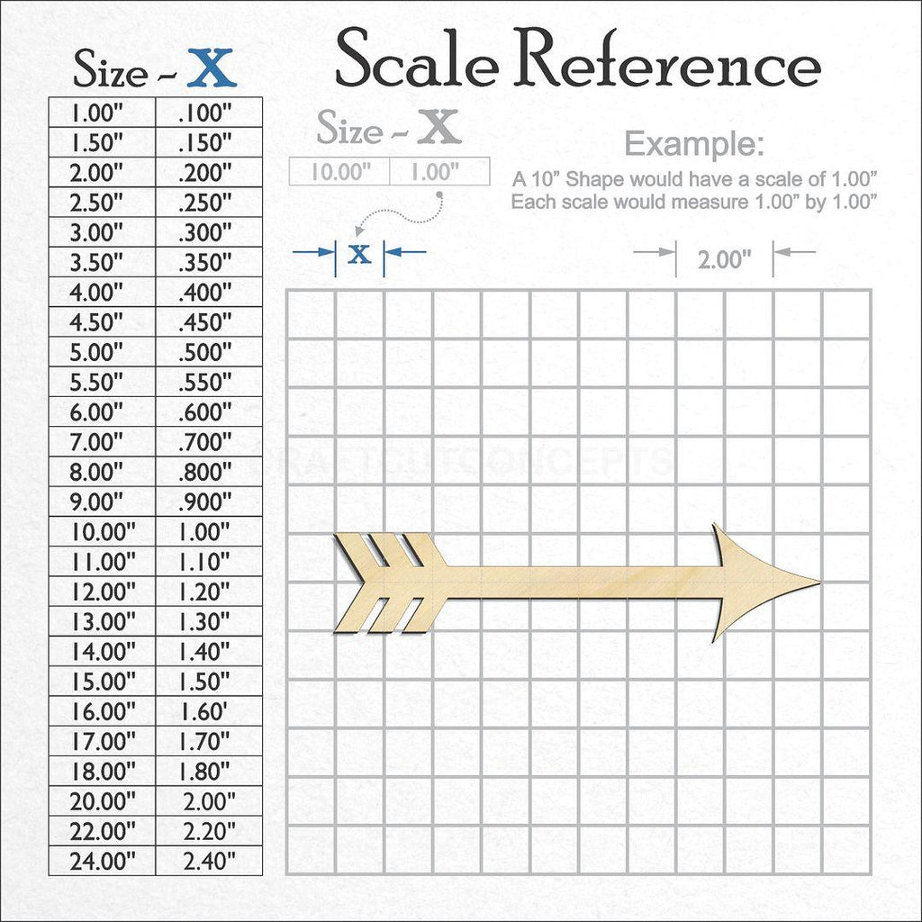 A scale and graph image showing a wood Decorative Arrow craft blank