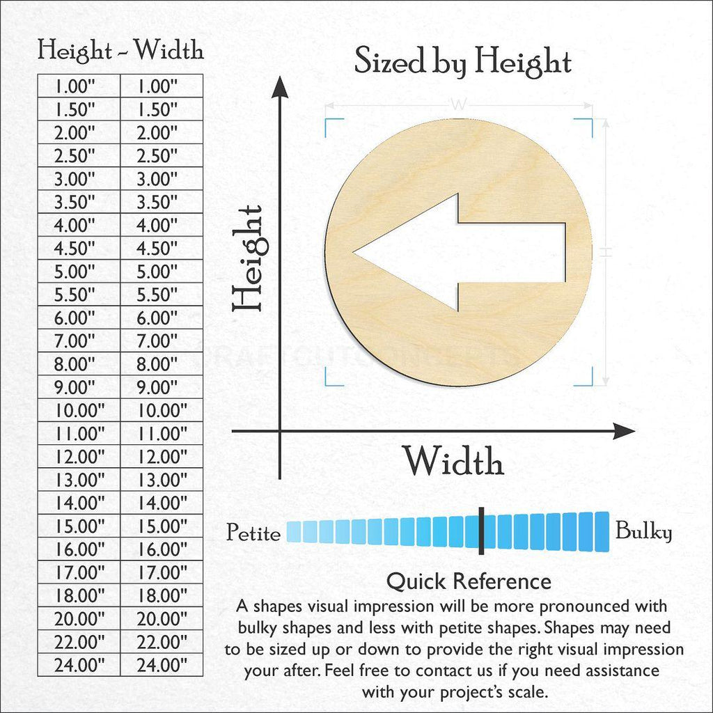 Sizes available for a laser cut Circled Arrow craft blank