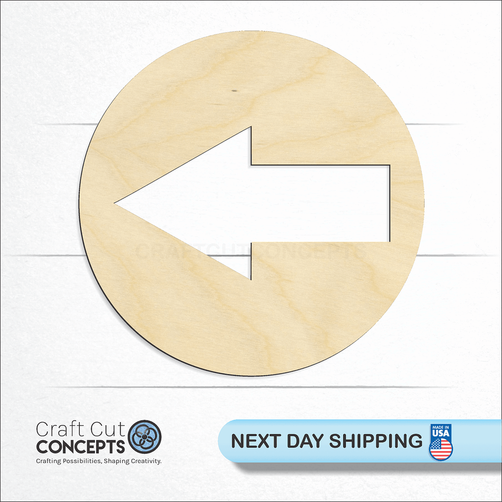 Craft Cut Concepts logo and next day shipping banner with an unfinished wood Circled Arrow craft shape and blank