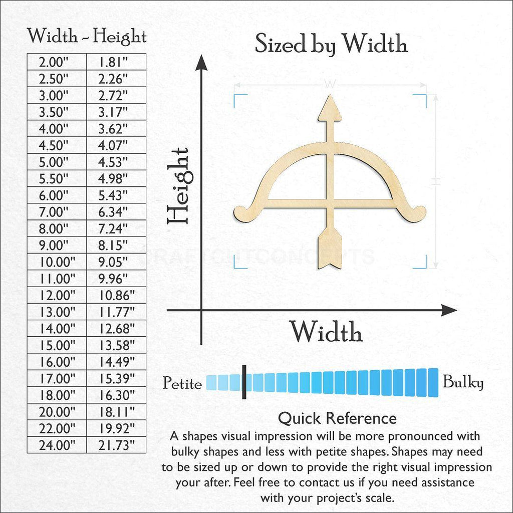 Sizes available for a laser cut Bow Arrow craft blank