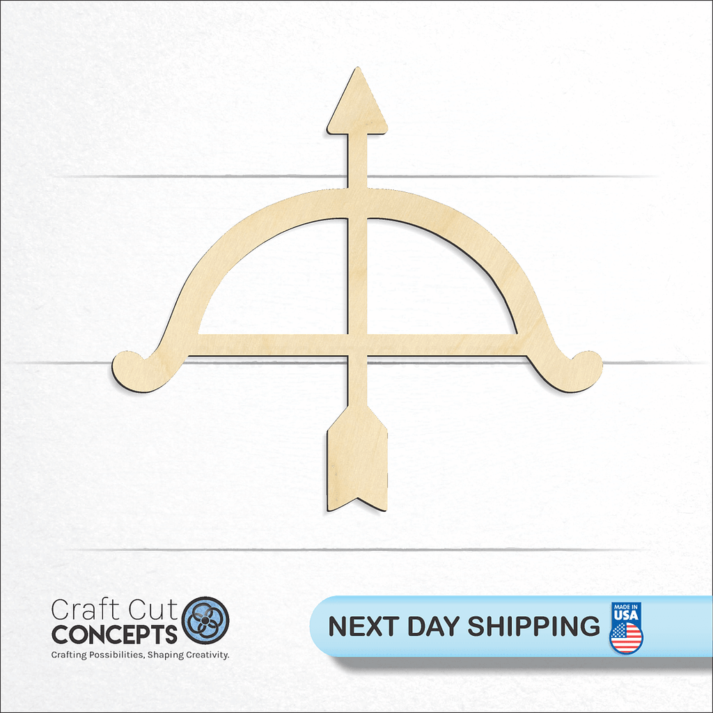 Craft Cut Concepts logo and next day shipping banner with an unfinished wood Bow Arrow craft shape and blank