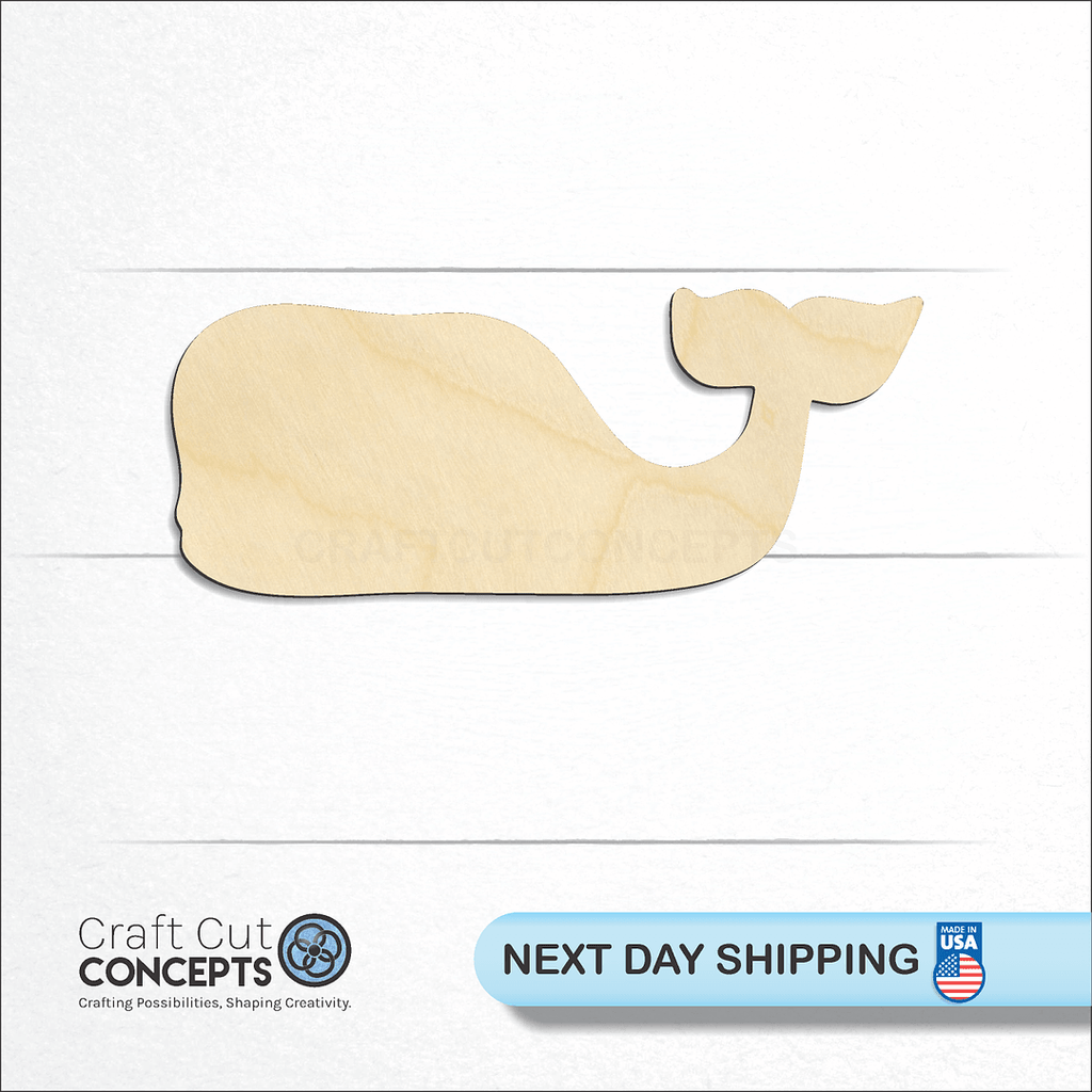 Craft Cut Concepts logo and next day shipping banner with an unfinished wood Cartoon Whale craft shape and blank