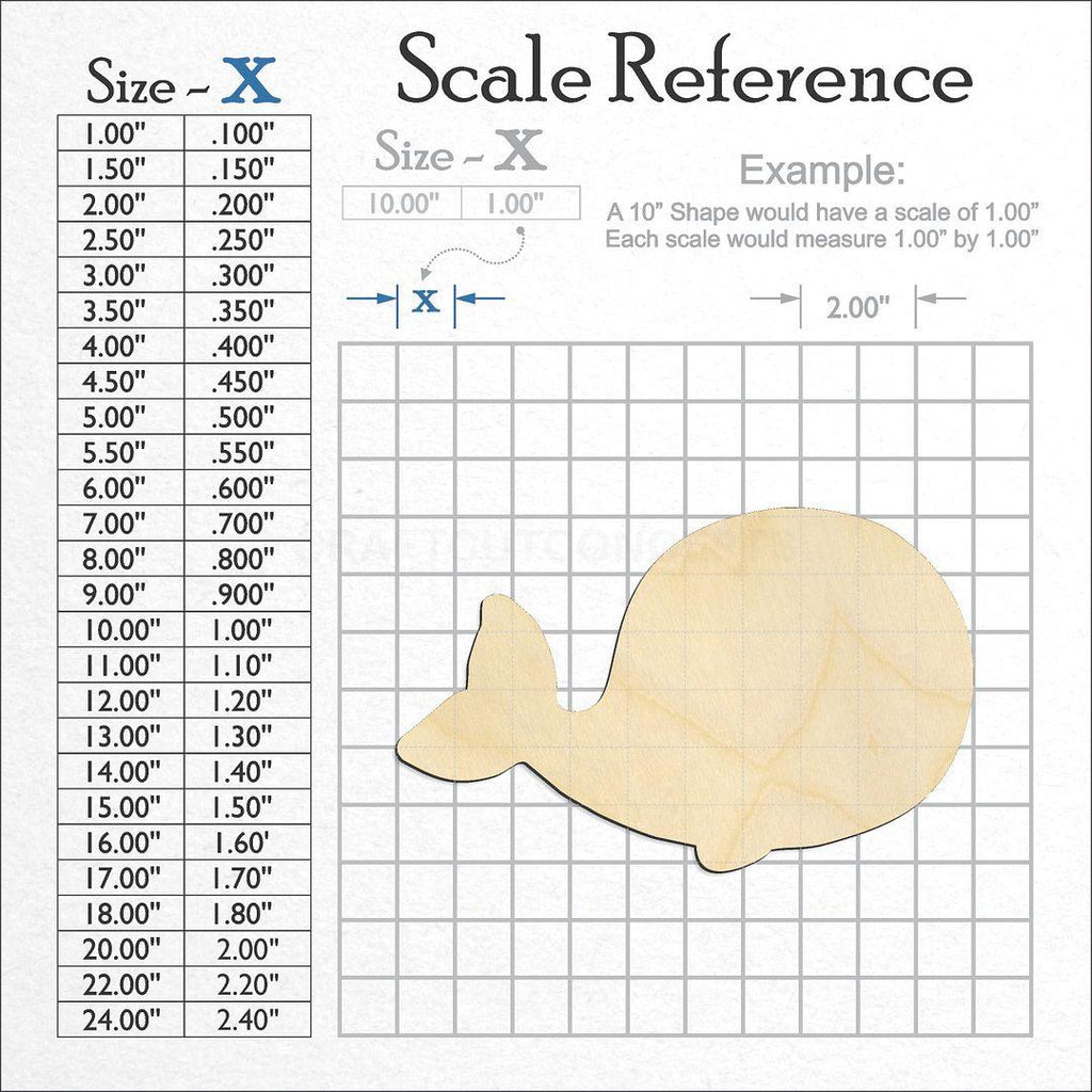 A scale and graph image showing a wood Cartoon Whale craft blank