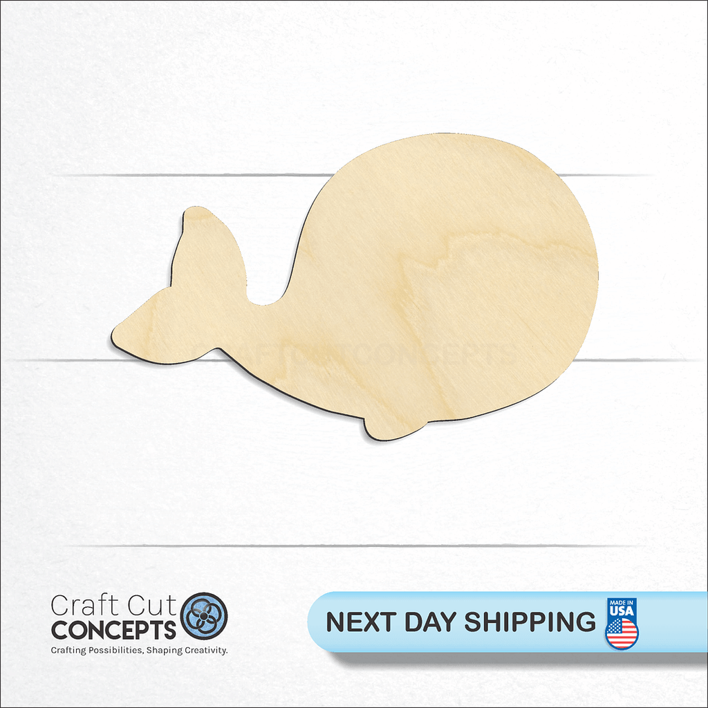 Craft Cut Concepts logo and next day shipping banner with an unfinished wood Cartoon Whale craft shape and blank