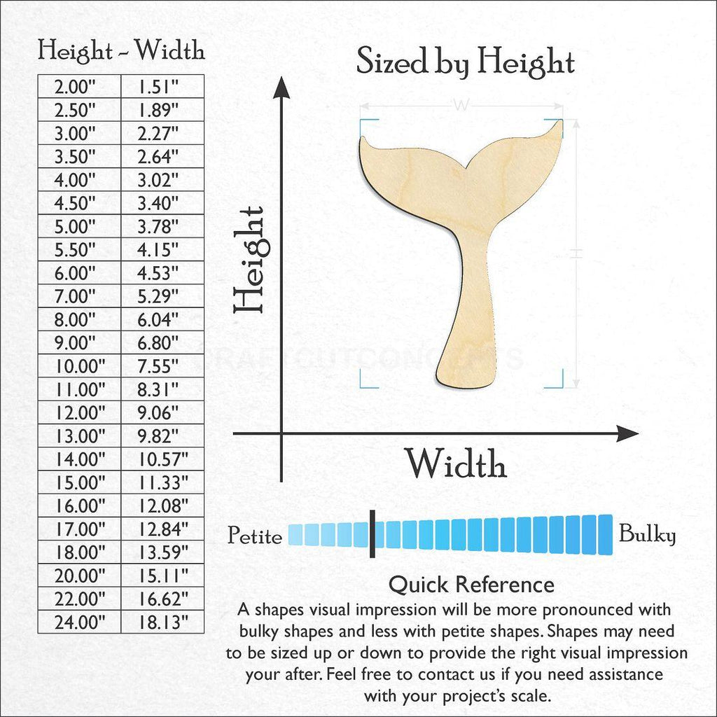 Sizes available for a laser cut Whale Tail craft blank