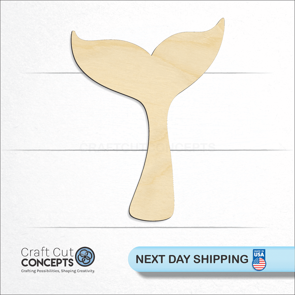 Craft Cut Concepts logo and next day shipping banner with an unfinished wood Whale Tail craft shape and blank