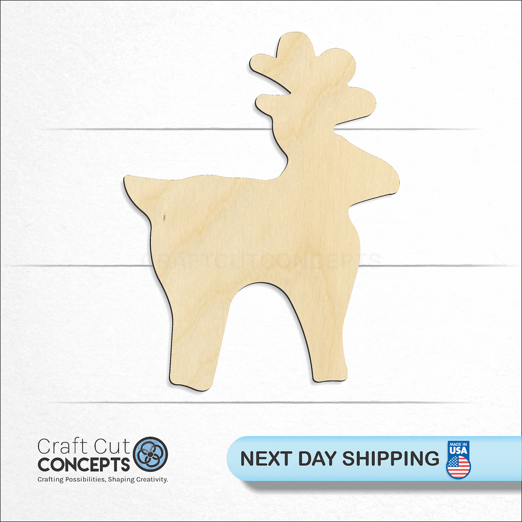 Craft Cut Concepts logo and next day shipping banner with an unfinished wood Christmas Reindeer craft shape and blank