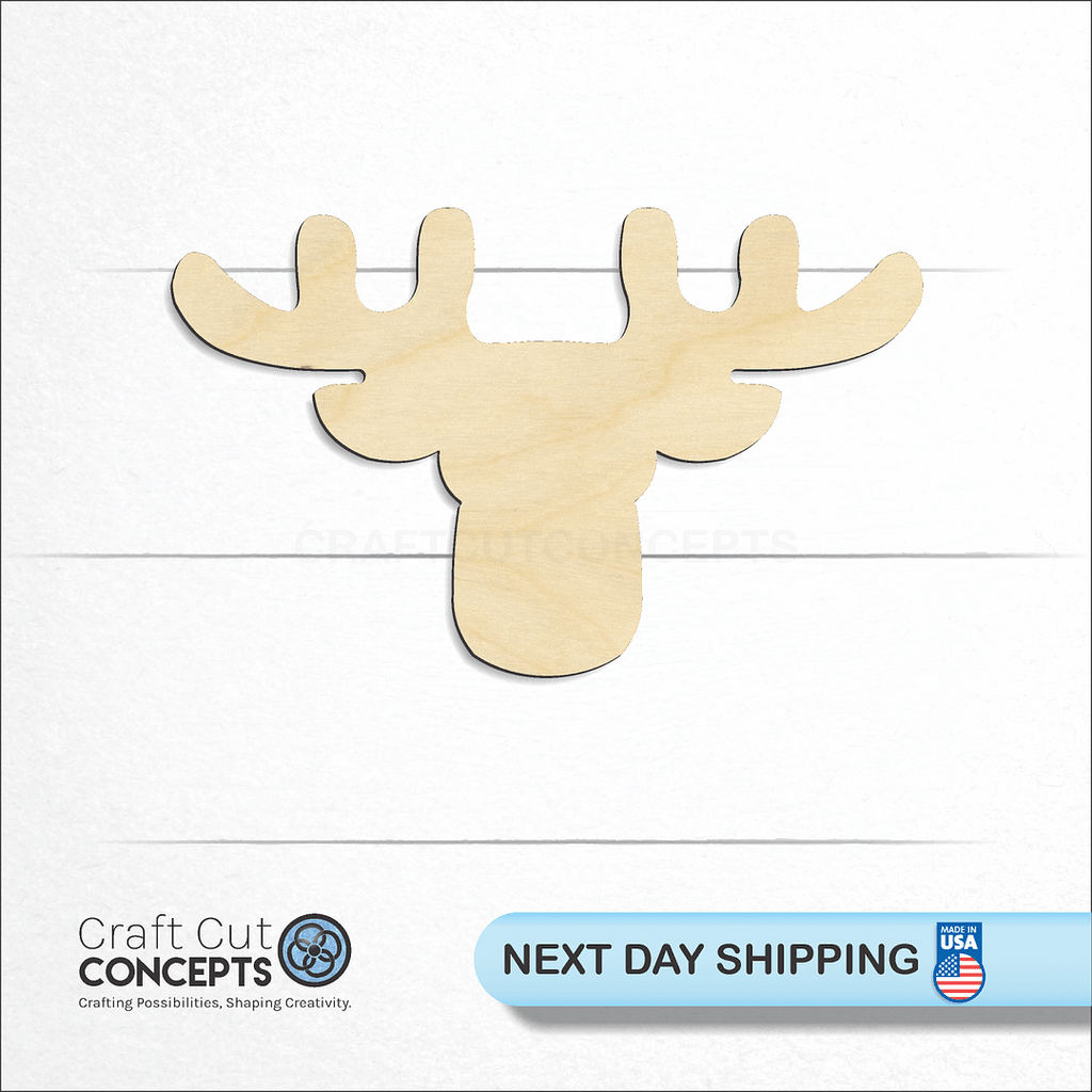 Craft Cut Concepts logo and next day shipping banner with an unfinished wood Christmas Reindeer craft shape and blank