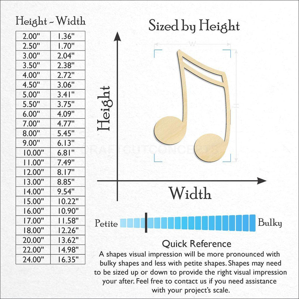 Sizes available for a laser cut Music Note-2 craft blank