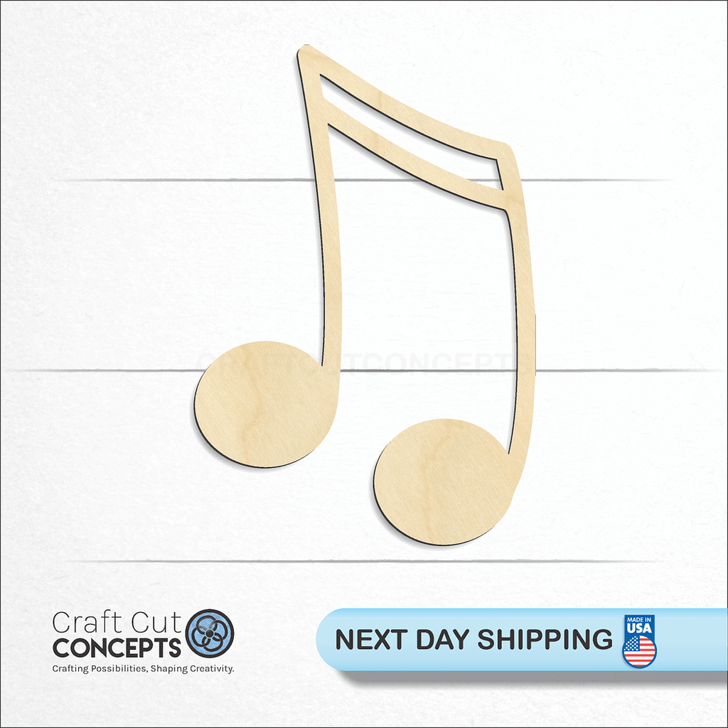 Craft Cut Concepts logo and next day shipping banner with an unfinished wood Music Note-2 craft shape and blank