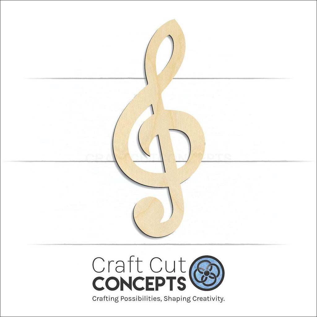 Craft Cut Concepts Logo under a wood Treble Clef craft shape and blank