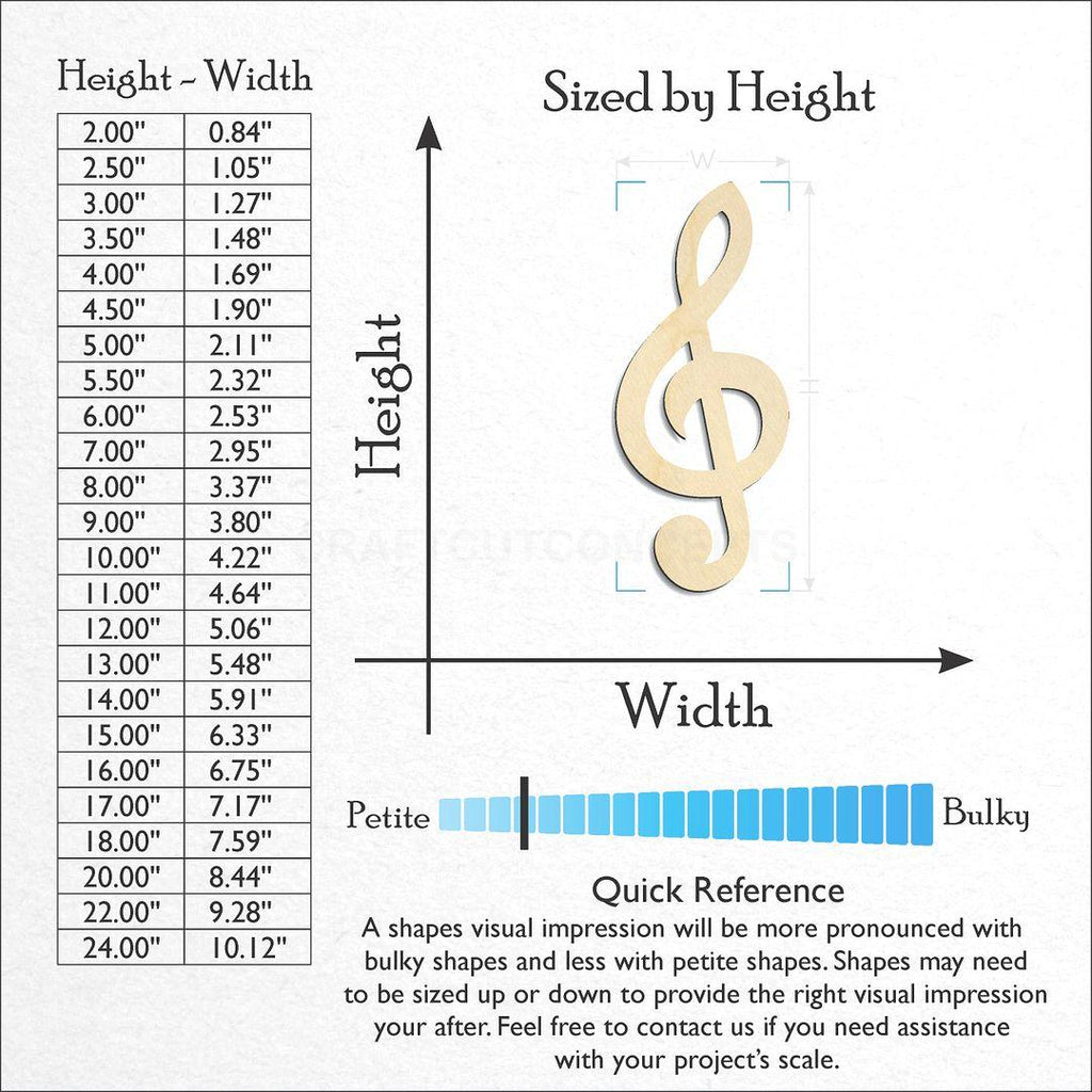 Sizes available for a laser cut Treble Clef craft blank