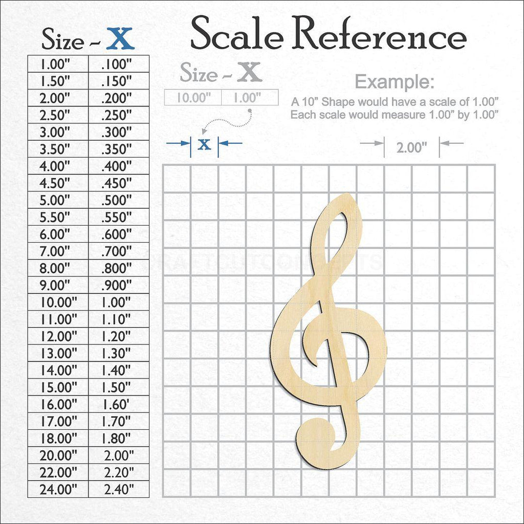 A scale and graph image showing a wood Treble Clef craft blank