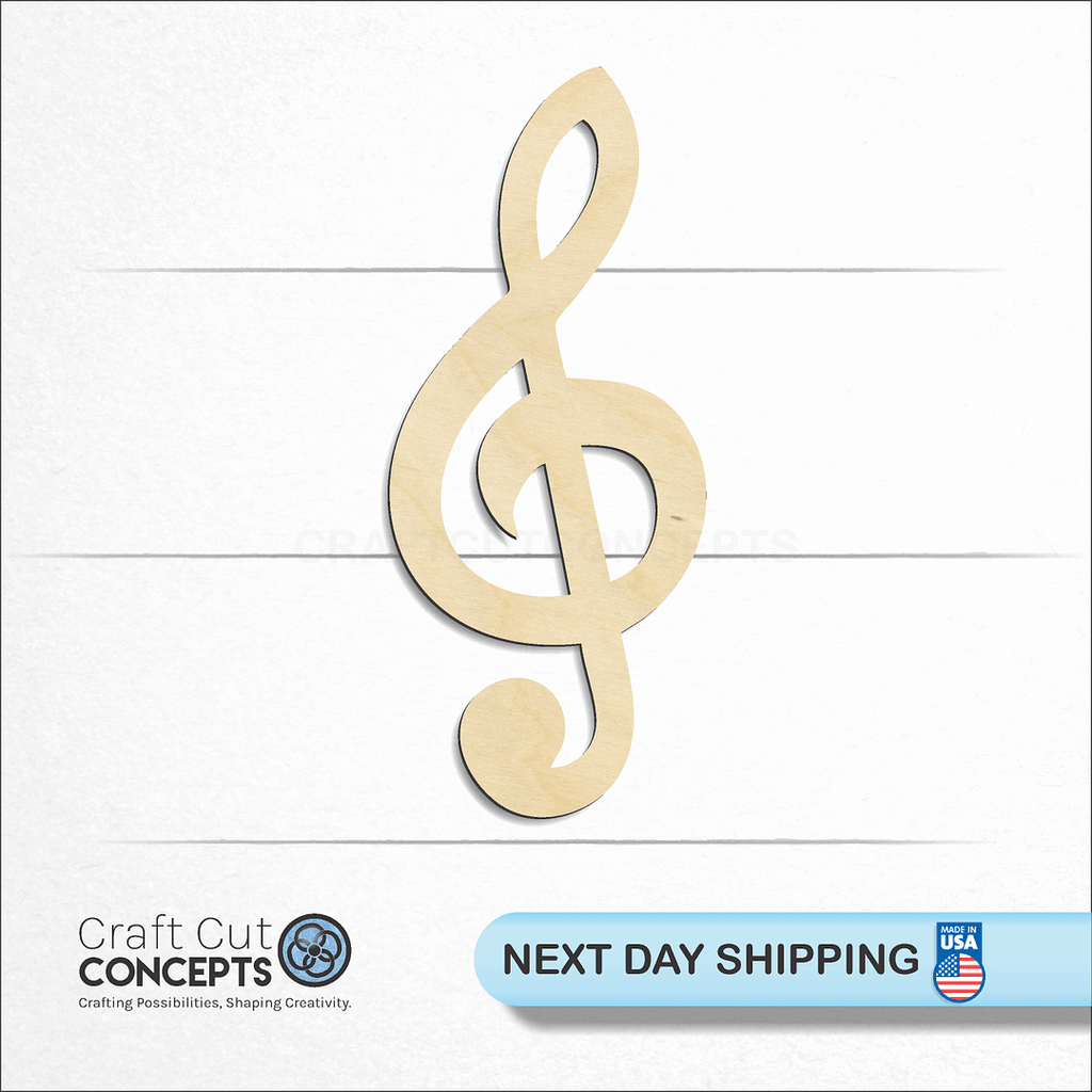 Craft Cut Concepts logo and next day shipping banner with an unfinished wood Treble Clef craft shape and blank