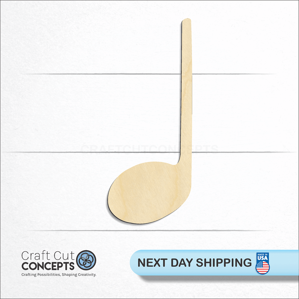 Craft Cut Concepts logo and next day shipping banner with an unfinished wood Quarter Note craft shape and blank