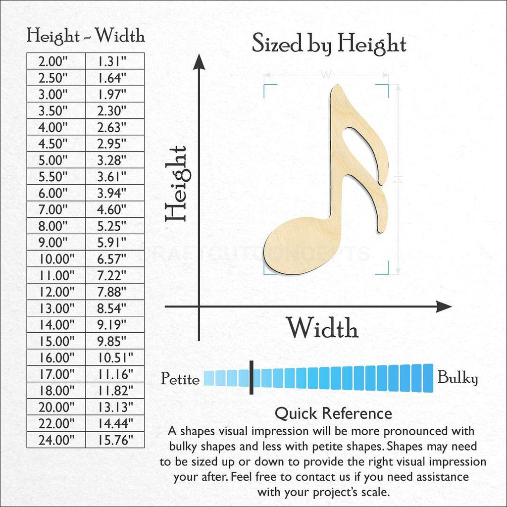 Sizes available for a laser cut Sixteenth Note craft blank