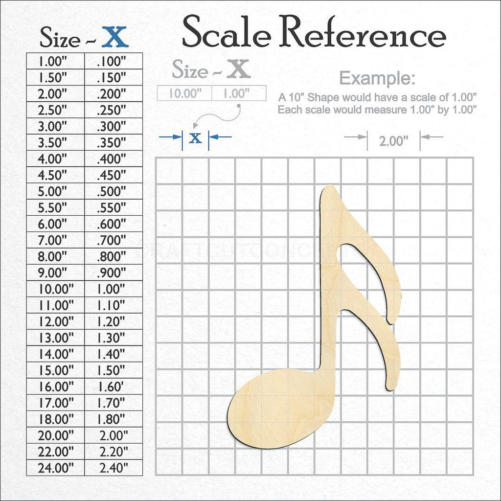 A scale and graph image showing a wood Sixteenth Note craft blank