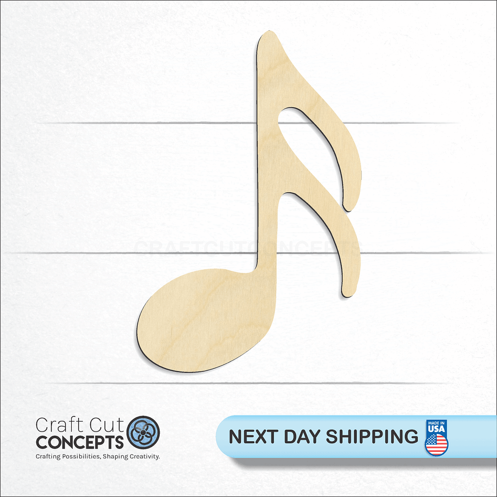 Craft Cut Concepts logo and next day shipping banner with an unfinished wood Sixteenth Note craft shape and blank