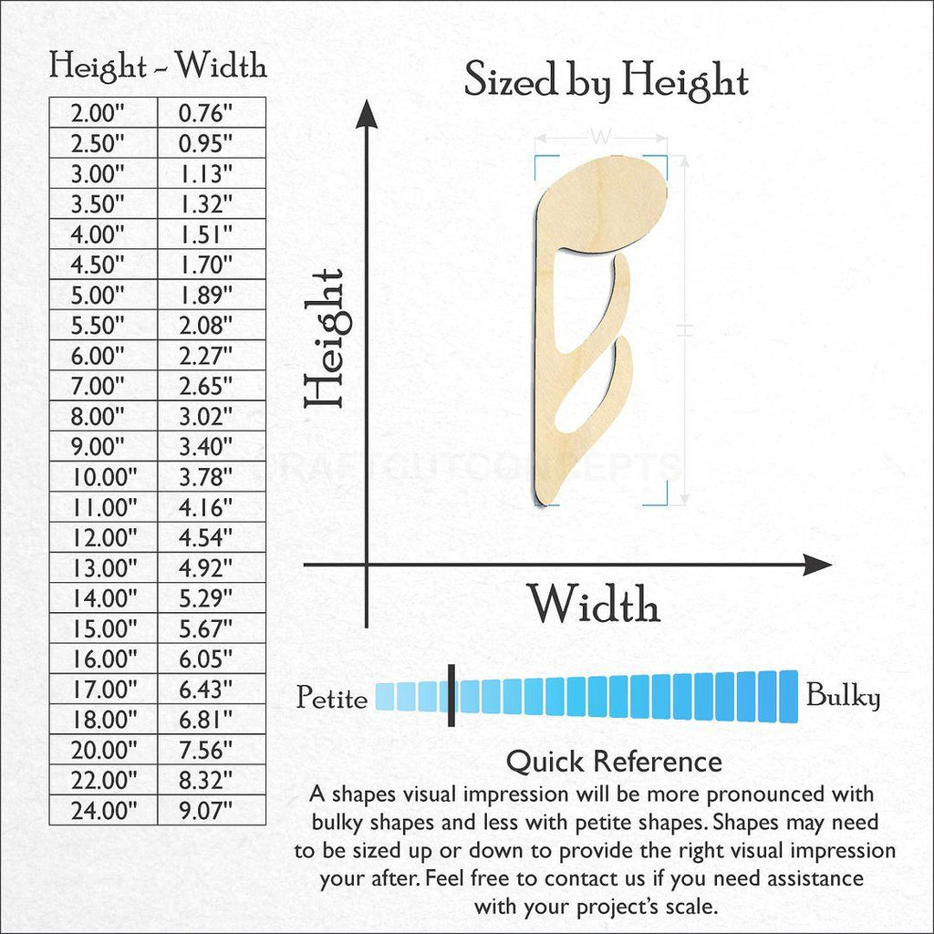Sizes available for a laser cut Sixteenth Note Down craft blank