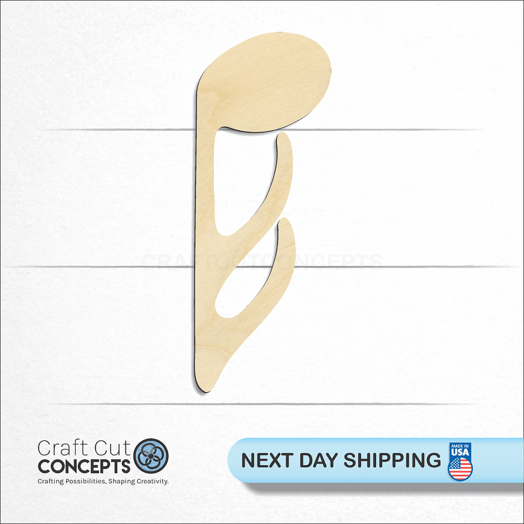 Craft Cut Concepts logo and next day shipping banner with an unfinished wood Sixteenth Note Down craft shape and blank