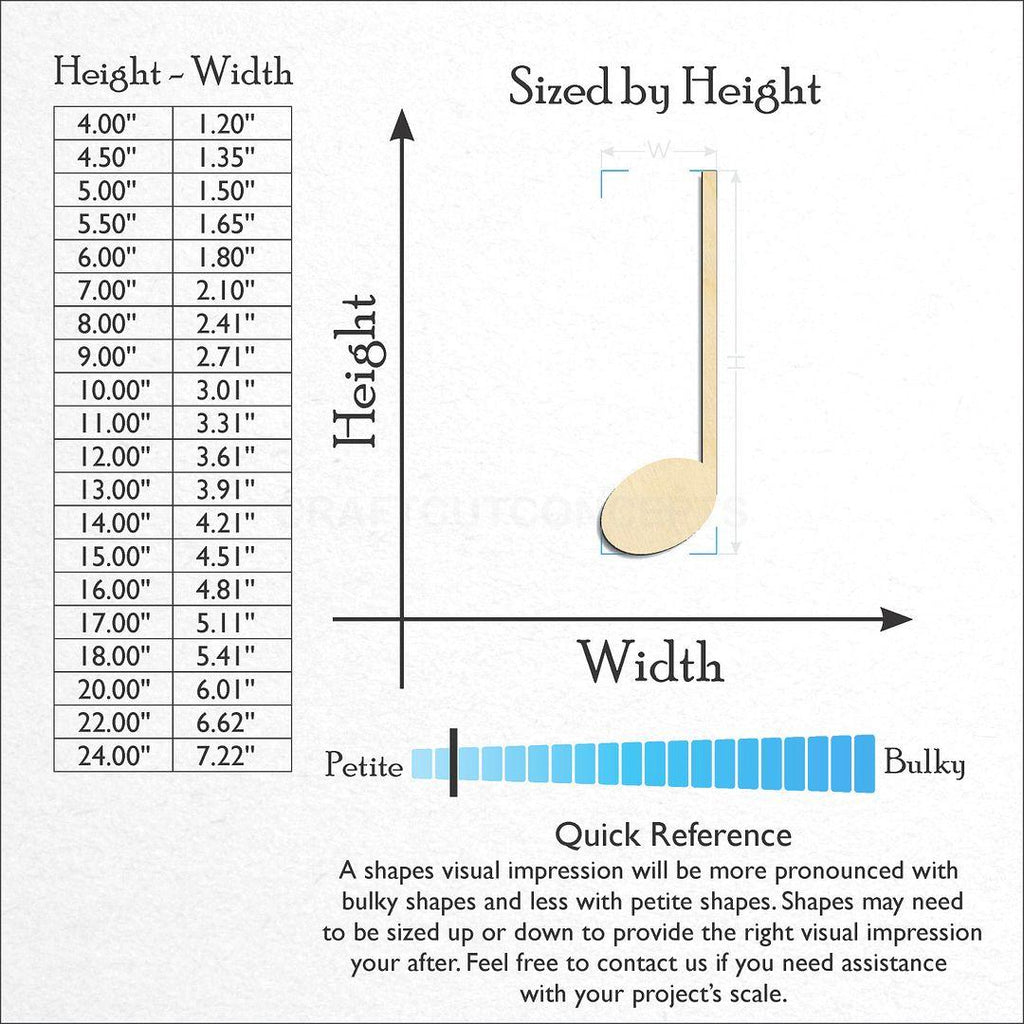 Sizes available for a laser cut Quarter Note craft blank