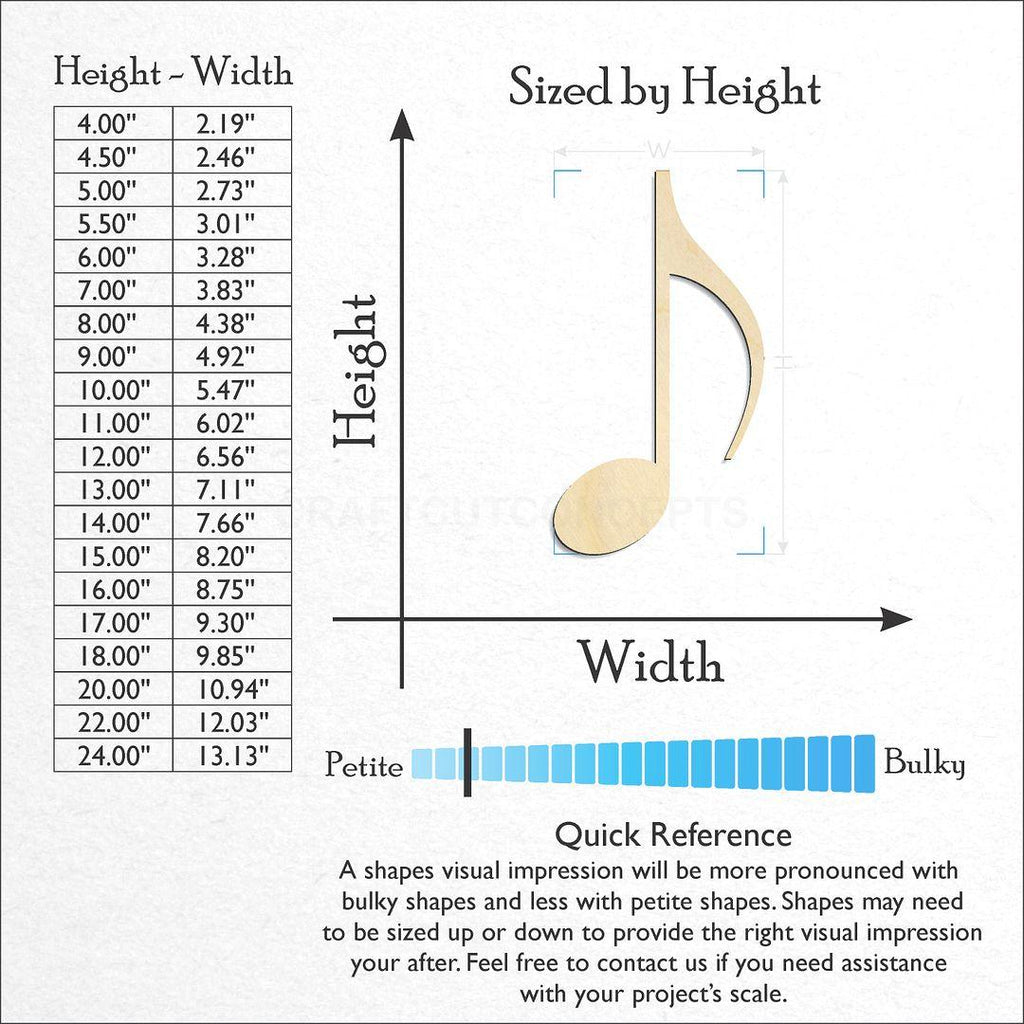 Sizes available for a laser cut Sixteenth Note craft blank