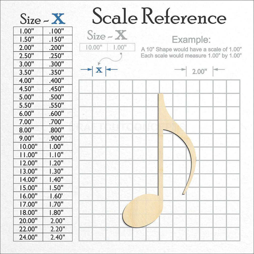 A scale and graph image showing a wood Sixteenth Note craft blank