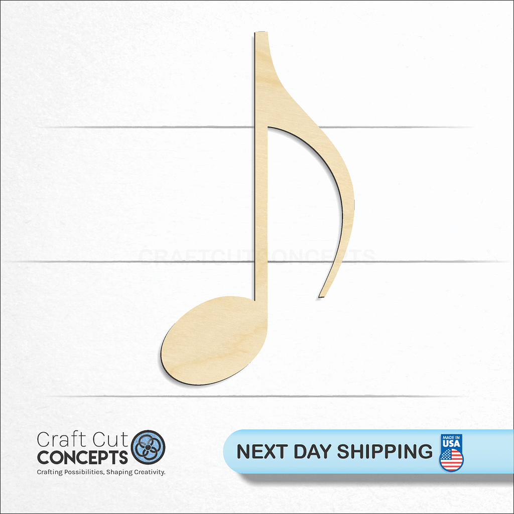 Craft Cut Concepts logo and next day shipping banner with an unfinished wood Sixteenth Note craft shape and blank