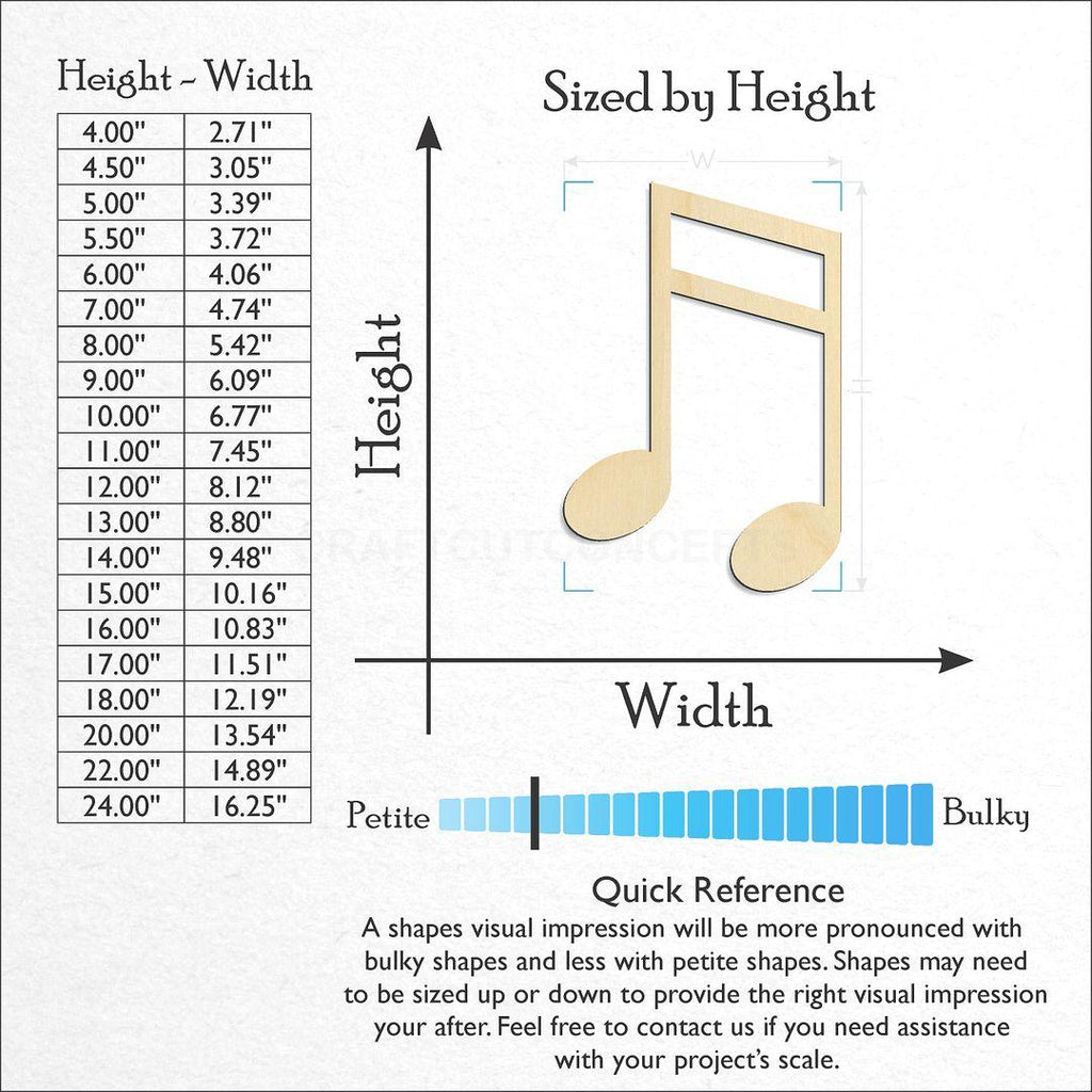 Sizes available for a laser cut Eighth Note craft blank