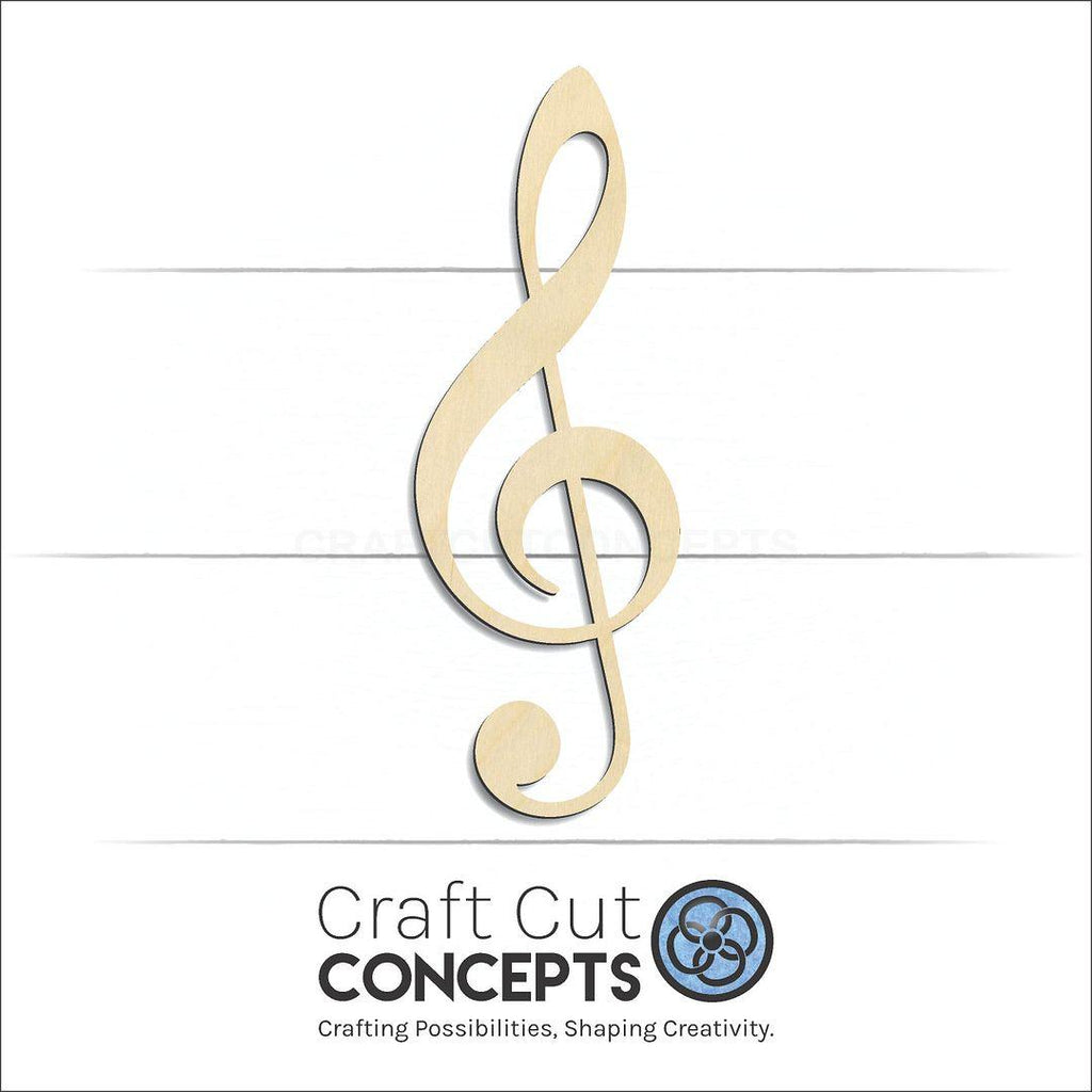 Craft Cut Concepts Logo under a wood Treble Clef craft shape and blank