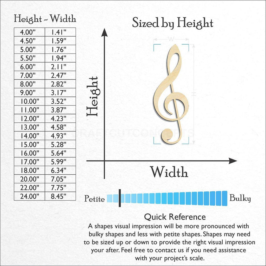 Sizes available for a laser cut Treble Clef craft blank