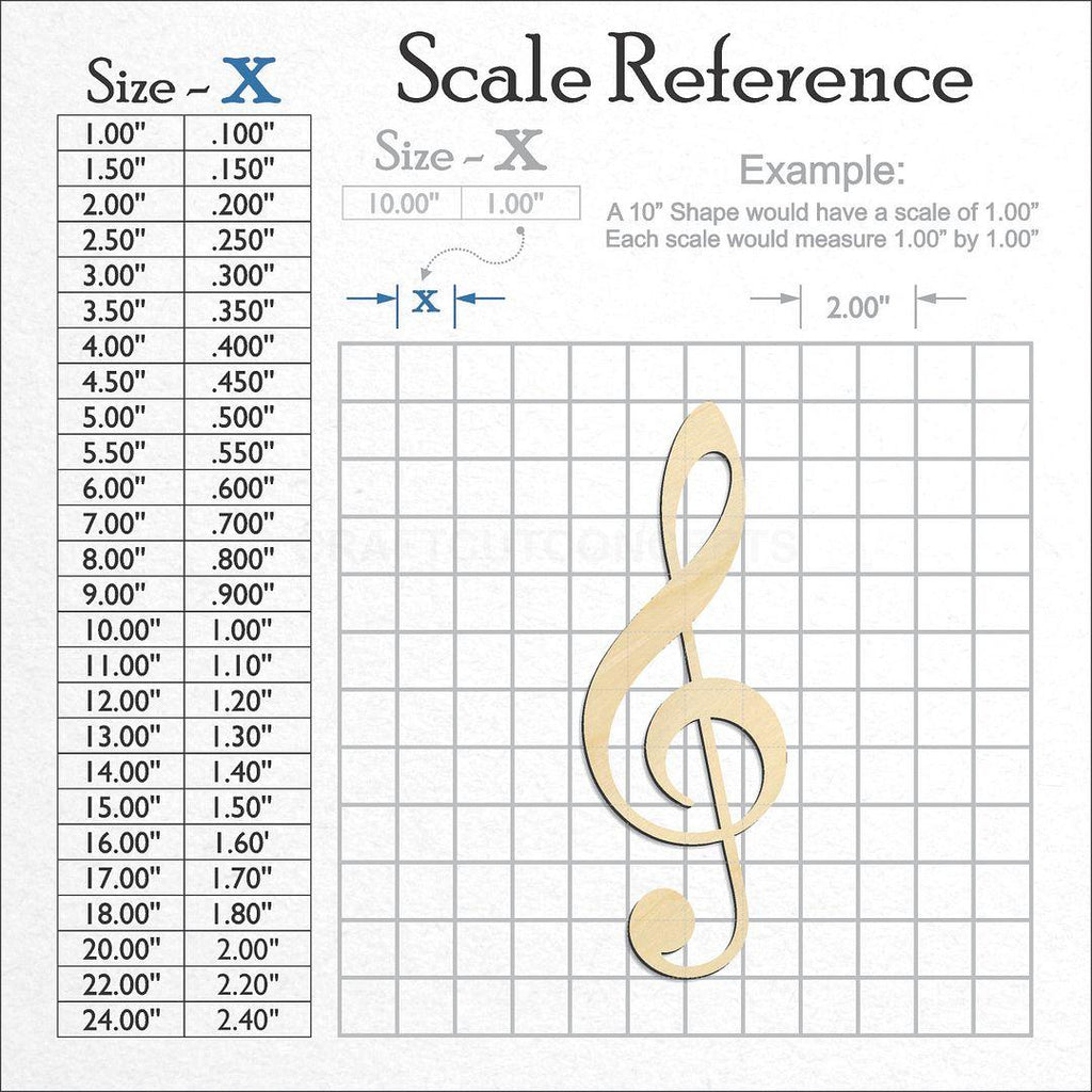 A scale and graph image showing a wood Treble Clef craft blank