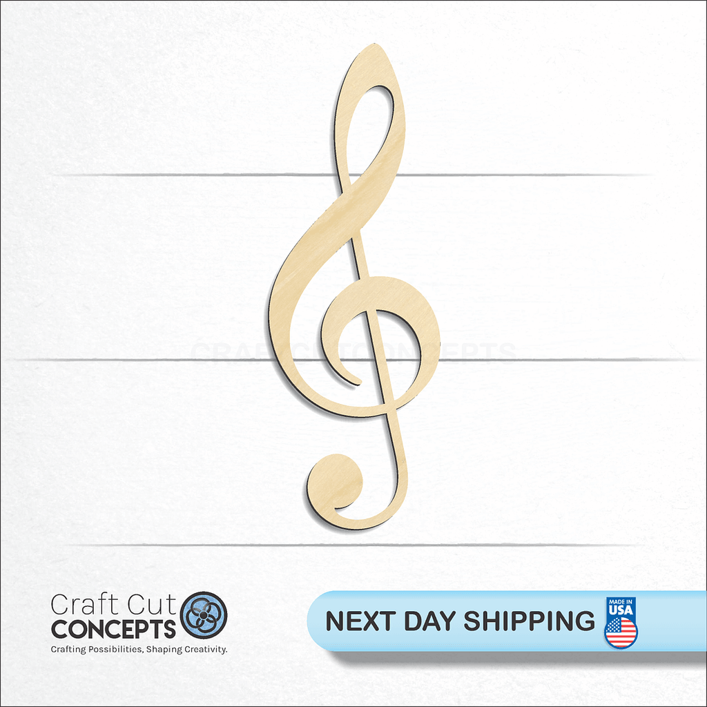 Craft Cut Concepts logo and next day shipping banner with an unfinished wood Treble Clef craft shape and blank