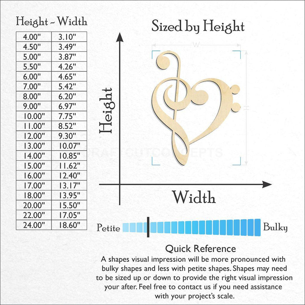 Sizes available for a laser cut Music Heart craft blank