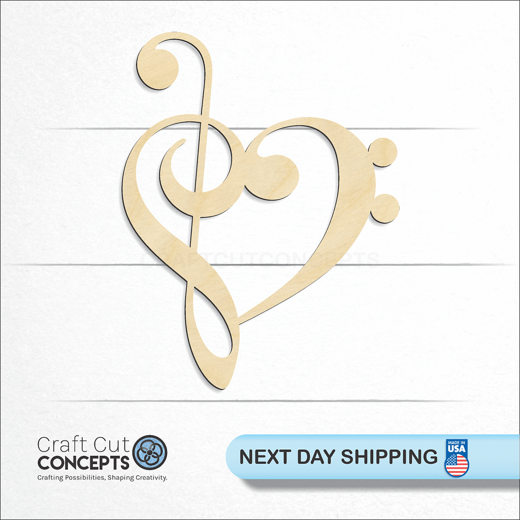 Craft Cut Concepts logo and next day shipping banner with an unfinished wood Music Heart craft shape and blank