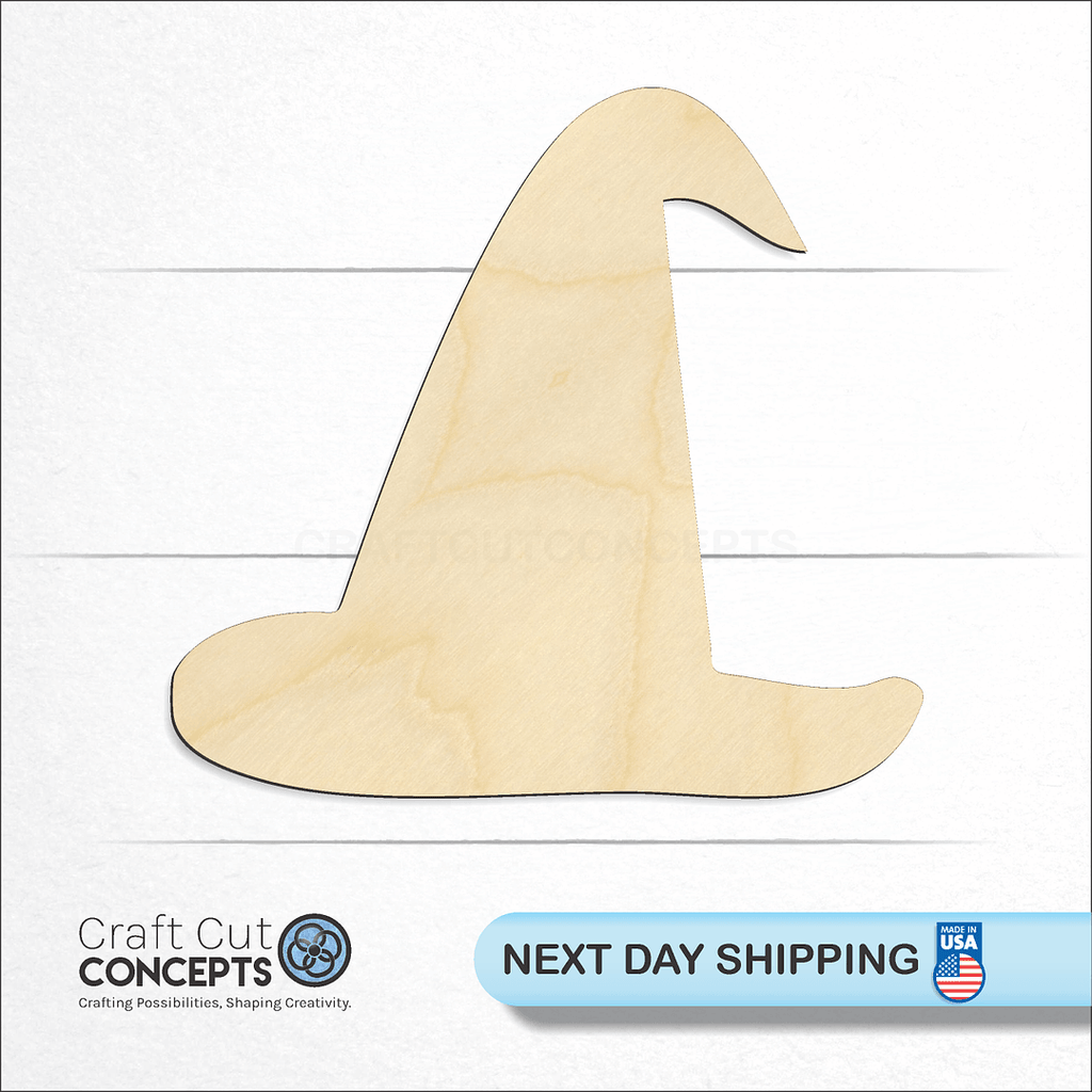 Craft Cut Concepts logo and next day shipping banner with an unfinished wood WitchHat craft shape and blank