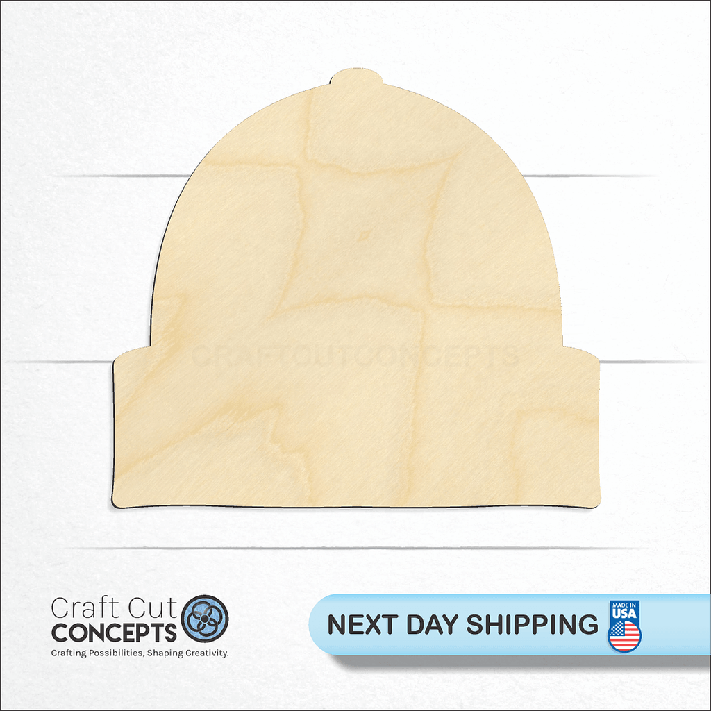 Craft Cut Concepts logo and next day shipping banner with an unfinished wood Beanie Hat craft shape and blank